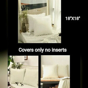 Toss Accent Pom Pom Trim Pillow Cases Cream Velvet Chenille Set Of 2